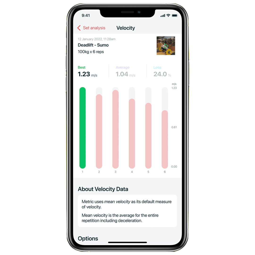 Metric app displaying best rep velocity