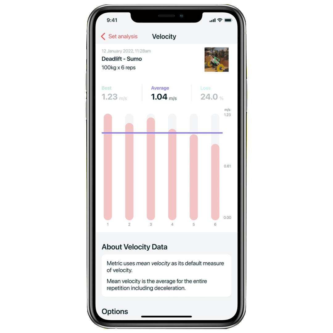 Metric app displaying average velocity for a set