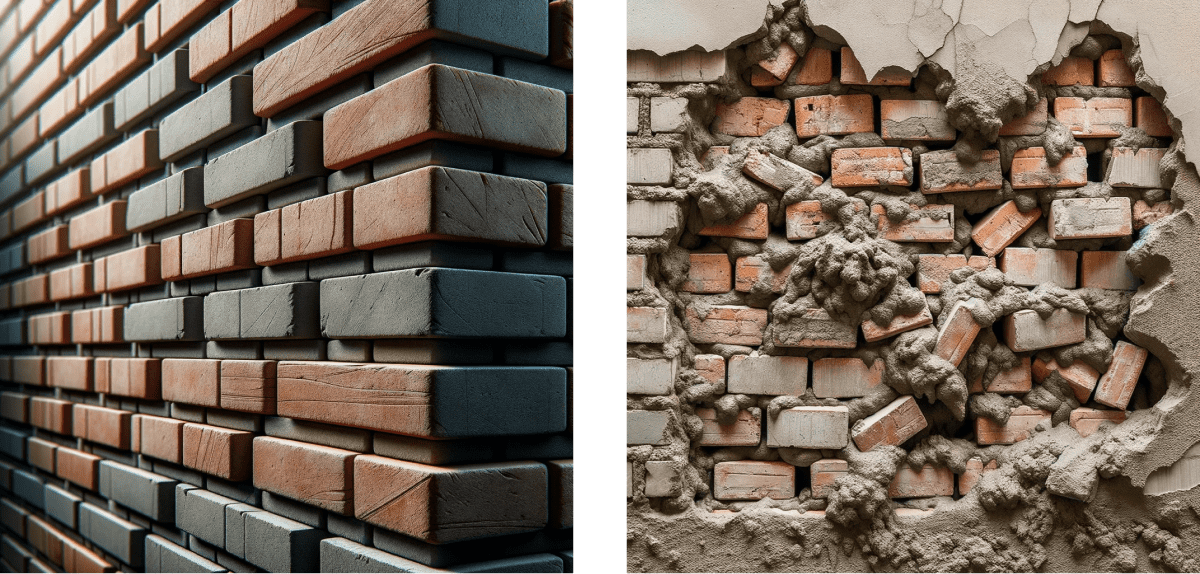Two brick walls one clean - representing a good VBT training plan, the other messy representing low performance training