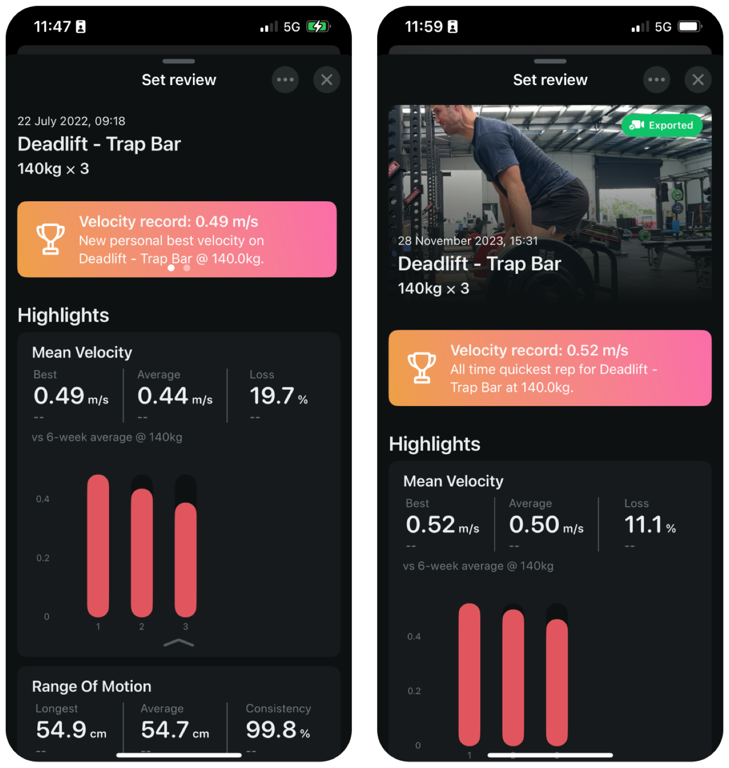 Velocity based training comparison between two sets of trapbar deadlift